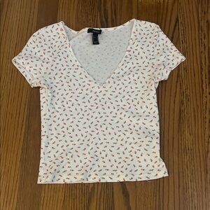 Forever 21 White and Red Floral V-Neck Tee